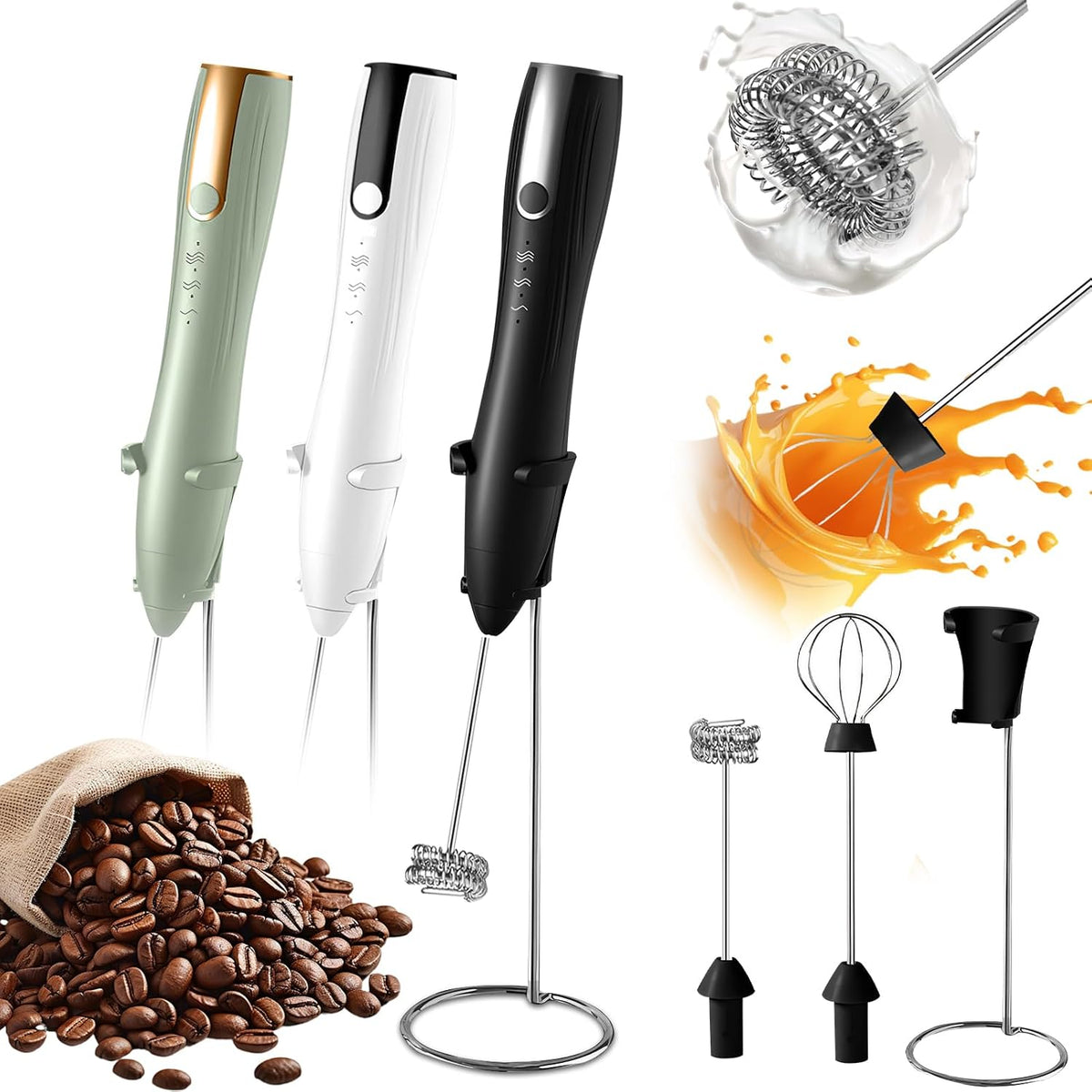 Rechargeable Handheld Milk Frother with 2 Whisk Heads & Stand, Black