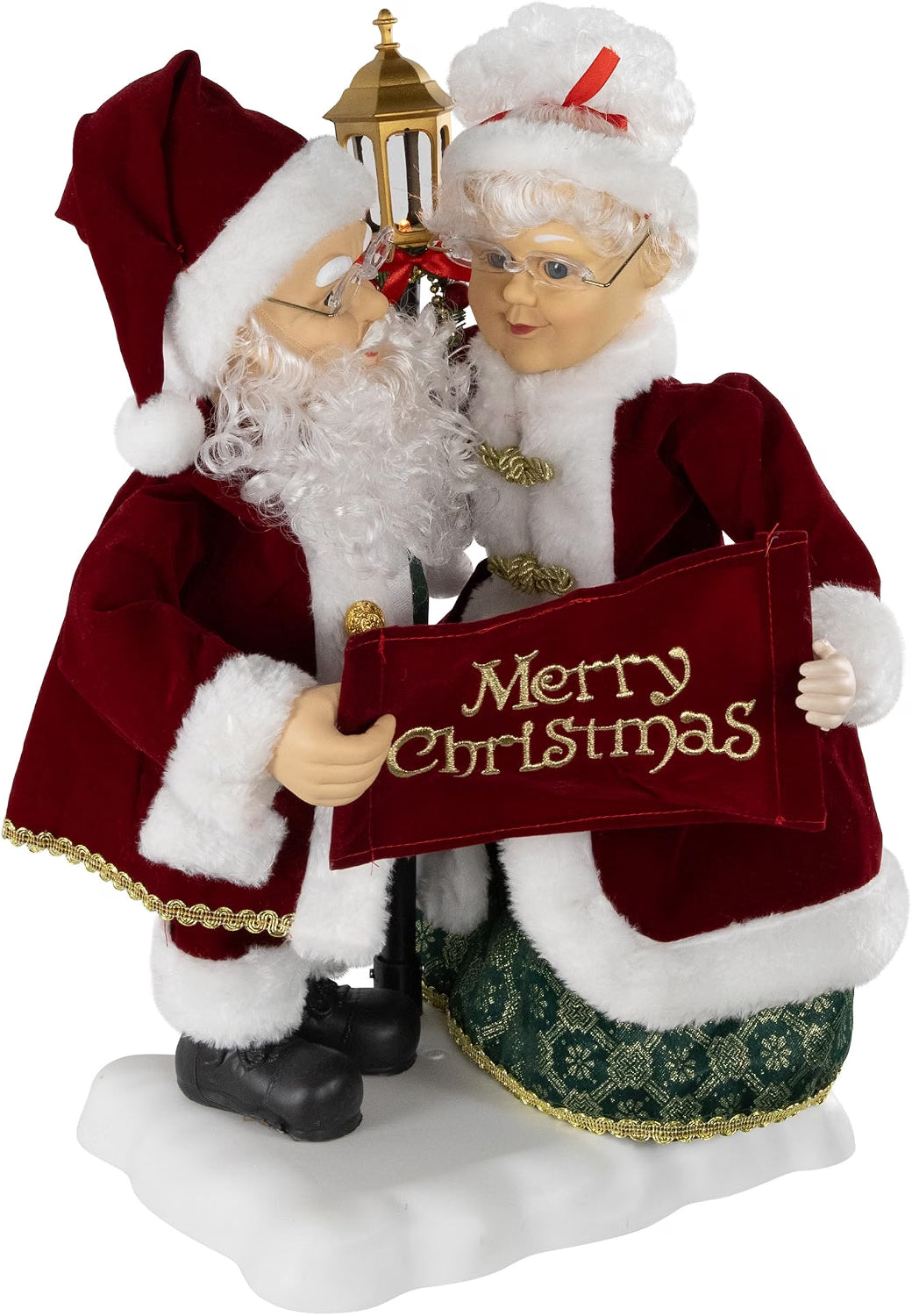 Animated and Musical Mr. and Mrs. Claus Merry Christmas with Lighted Lamppost Figure - 18"
