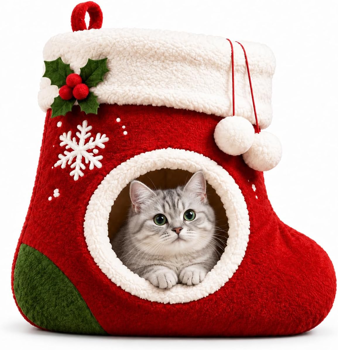 christmas stocking cat bed, Plush Indoor Cave with Non-Slip Base A festive christmas cat house with a soft plush interior and a sheltered space for indoor naps.