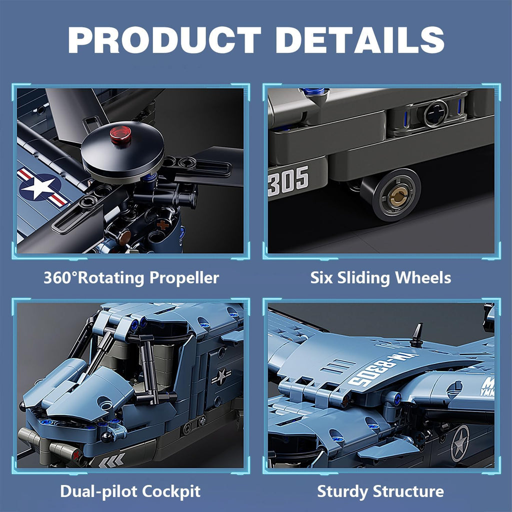 Military Helicopter Building Blocks, V-22 Osprey Model Kit, 1,486 Pieces