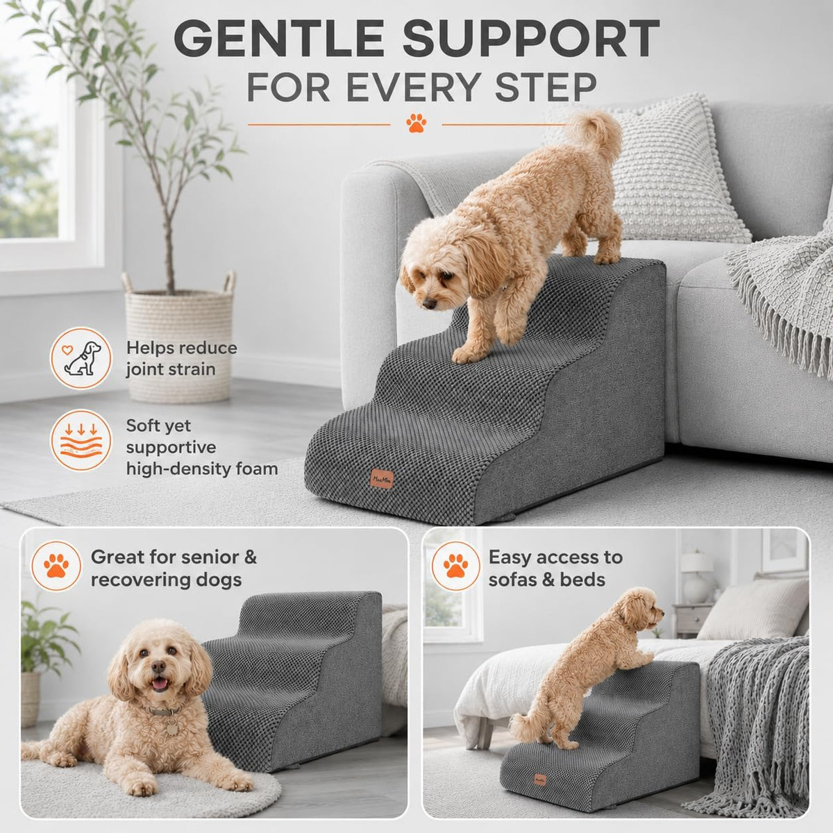 Made4Pets Dog Stairs Ramp, 15.7" 3-Step Foam Pet Steps, Grey