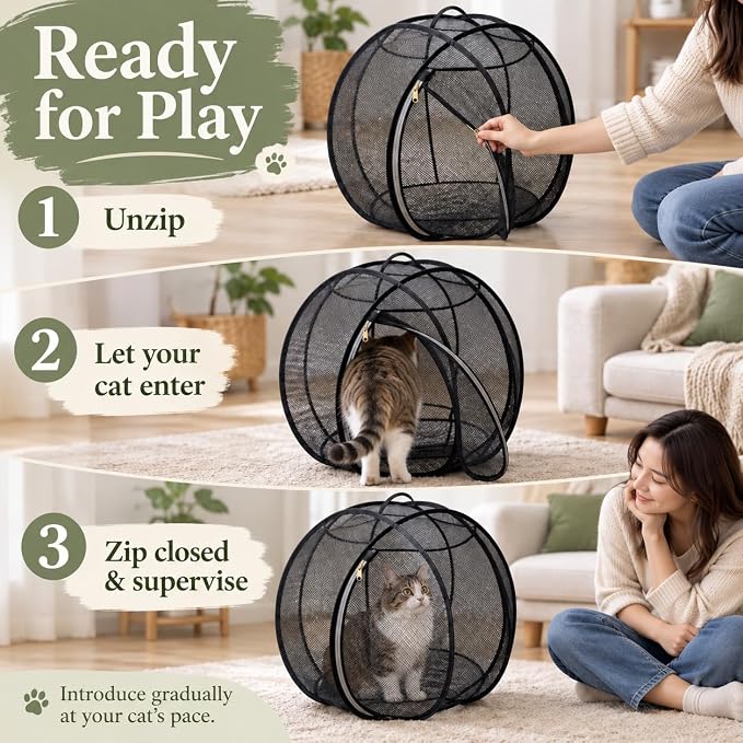 rolling cat playpen with Top Handle, Foldable Mesh, 27.6 in (Black) Black mesh cat playpen with a top handle, zippered opening and foldable design; 27.6 x 27.6 x 27.6 in when open.