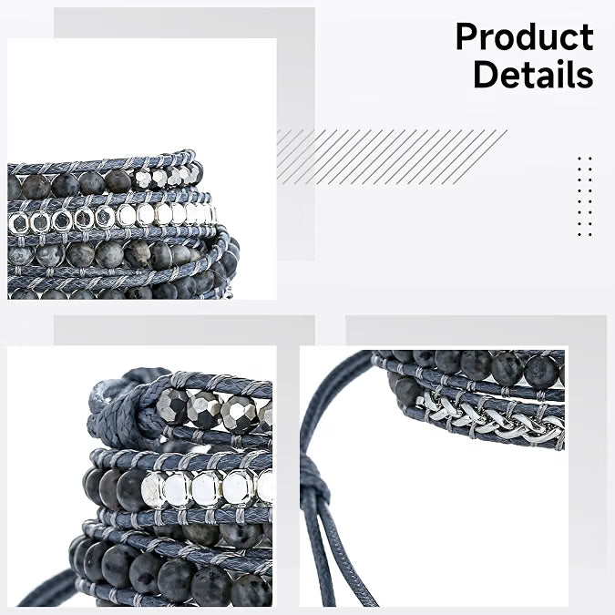 Bohemian Handmade Bracelet, Multi-Layer Natural Stone Crystal Bead Wrap Bracelet in Silver Gray