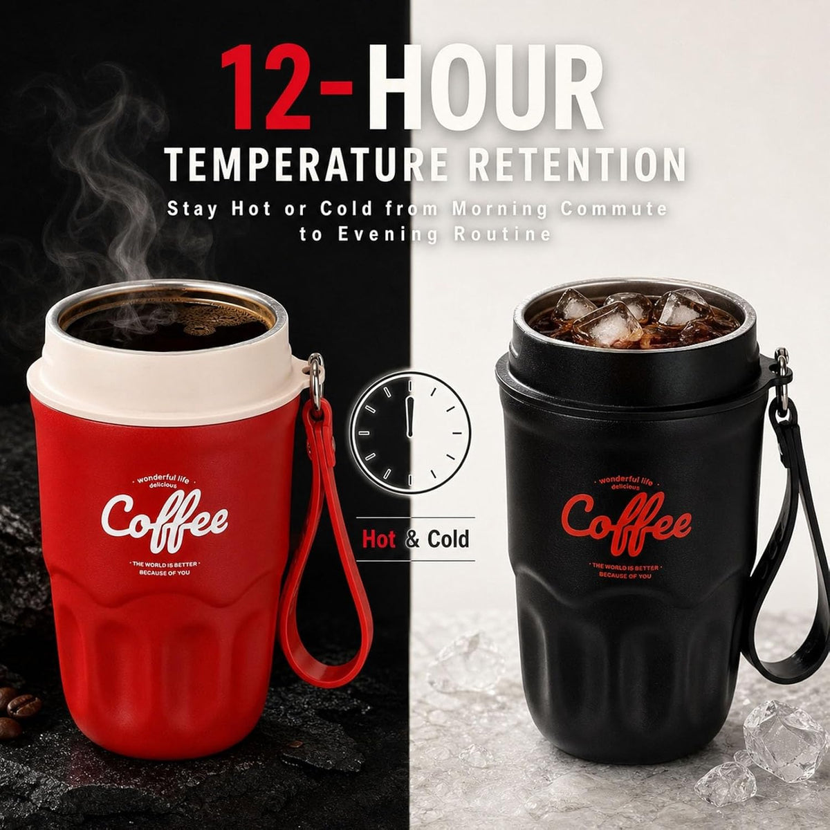 12OZ Coffee Vacuum Flask, Insulated Coffee Cup with 316 Stainless Steel Liner and Smart Temperature Display, Portable Travel Mug for Home Office Travel (Black,Standard)