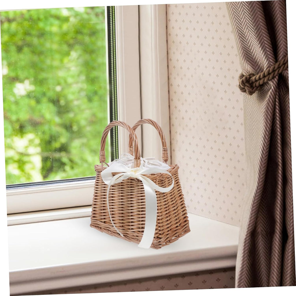 Rattan Flower Basket Container for Home Decoration and Gifts White Simulation Style, Rattan and Cotton Cloth, Portable Storage for Flowers, Proposal or Home Use