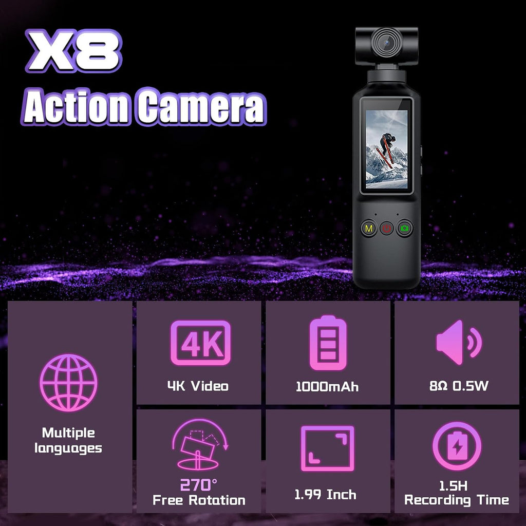 X8 4K Vlogging Camera, WiFi Pocket Camera with Rotatable Lens