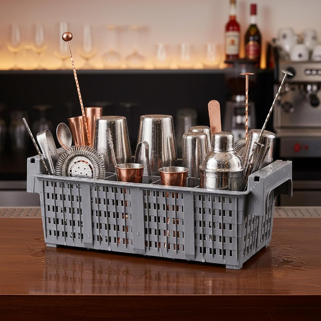 Commercial Dishwasher Rack, 8-Compartment Silverware Drying Basket with Drain Holes, Gray