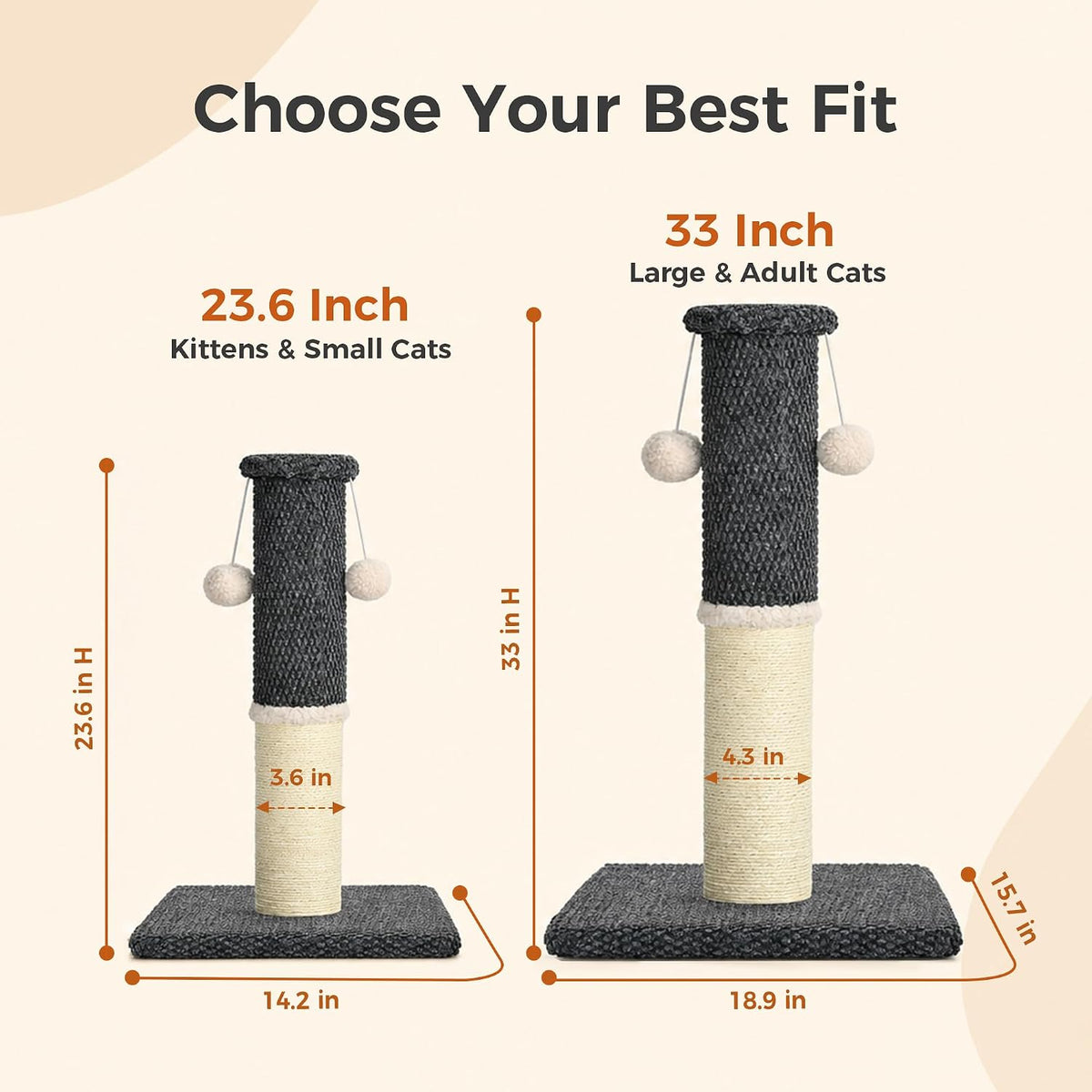 Made4Pets Tall Cat Scratching Post, 33" Sisal & Carpet Scratcher