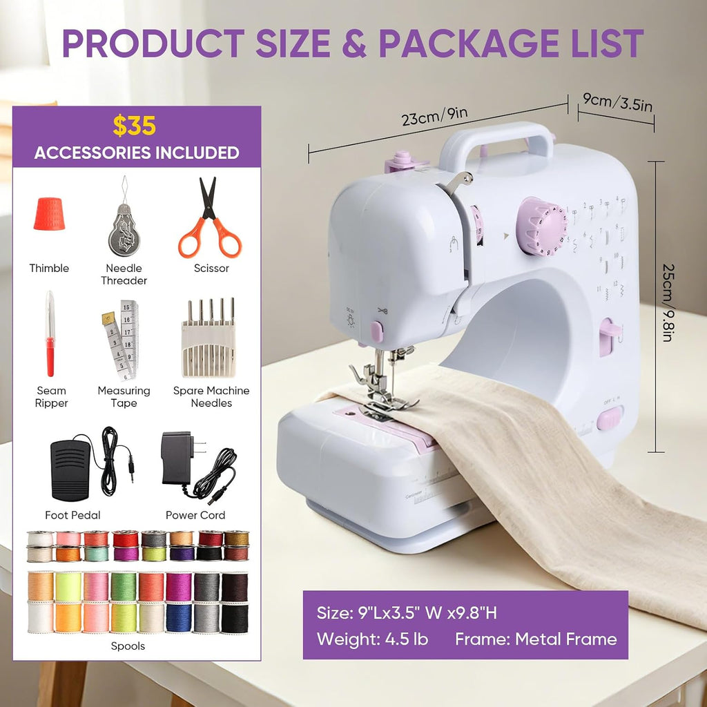Portable Mini Sewing Machine for Beginners, 12 Stitches, 2-Speed, Foot Pedal, LED Light