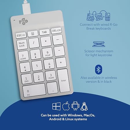 Number Pad Keyboard, USB-C/A Wired, Mini Numeric Keypad with LED Break Indicator, for Financial Accounting, Data Entry & Excel Spreadsheets, White