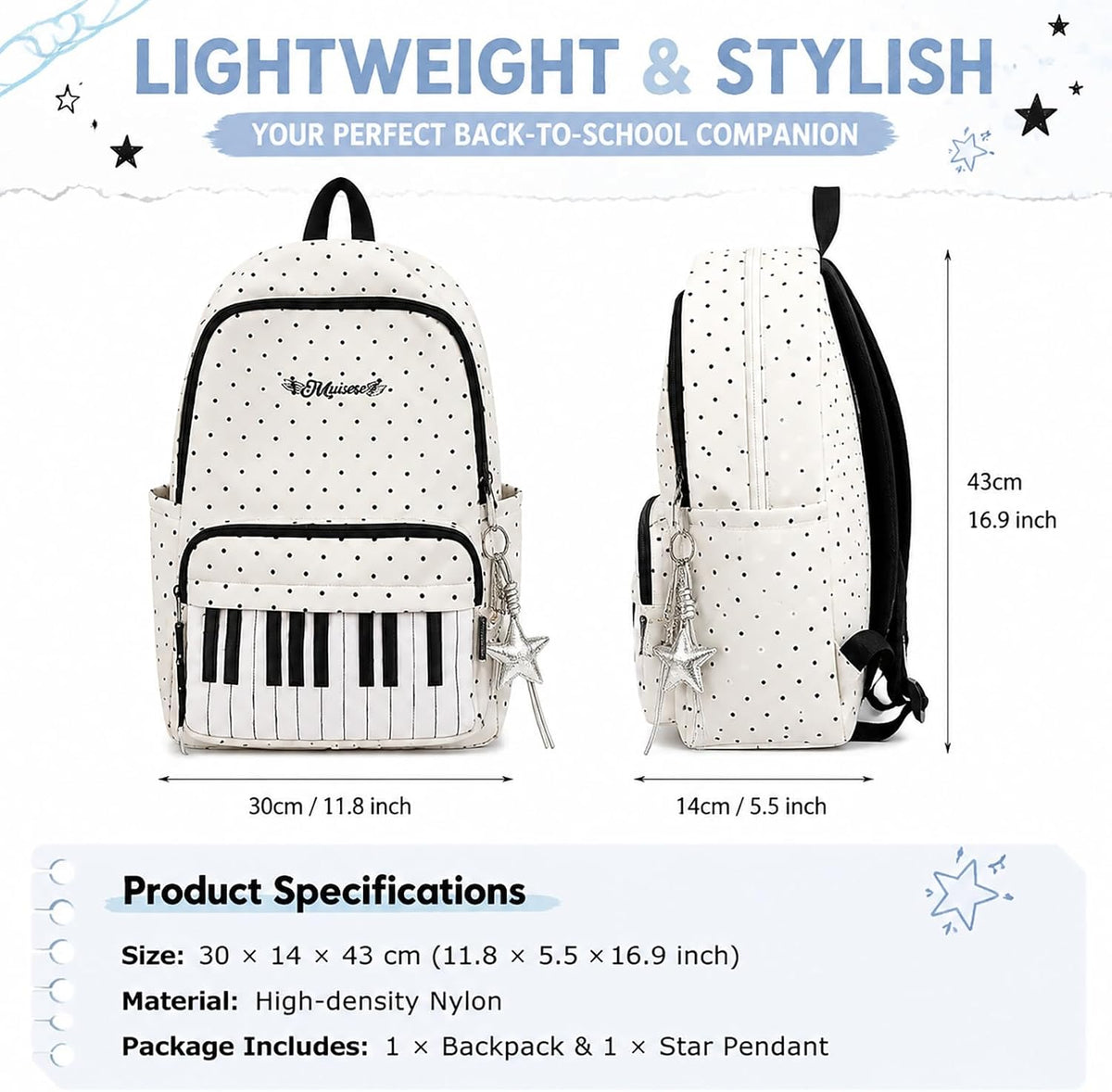 Piano Backpack With Polka Dot Pattern, Cutecore Style Daypack For High School Students, Travel And Everyday Use (2 Pcs)
