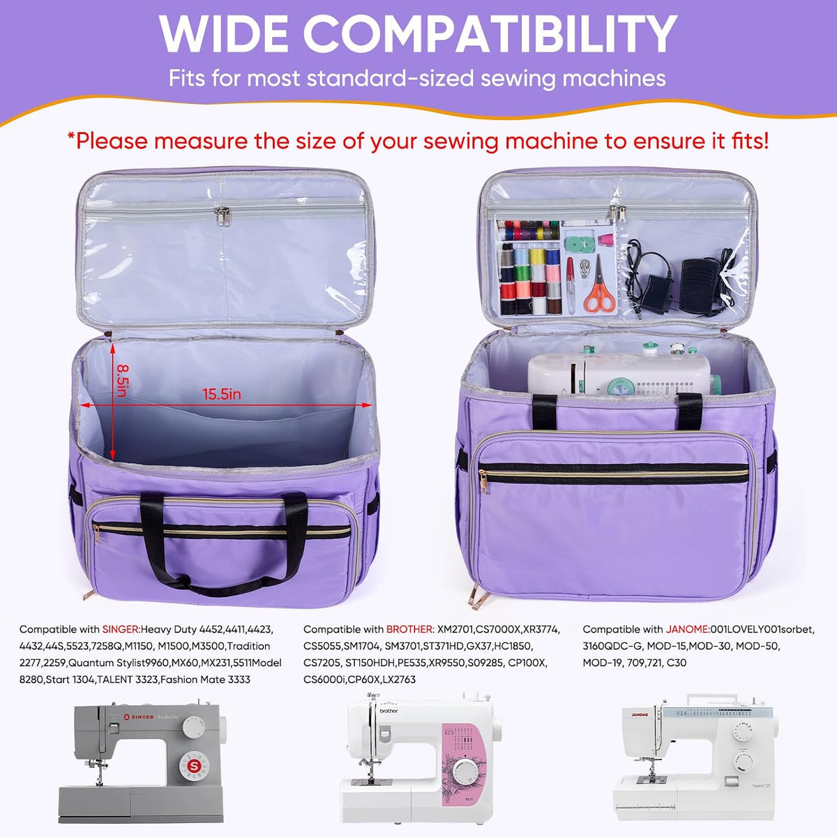 Sewing Machine Carrying Case with Multiple Storage Pockets Purple(Bag Only)