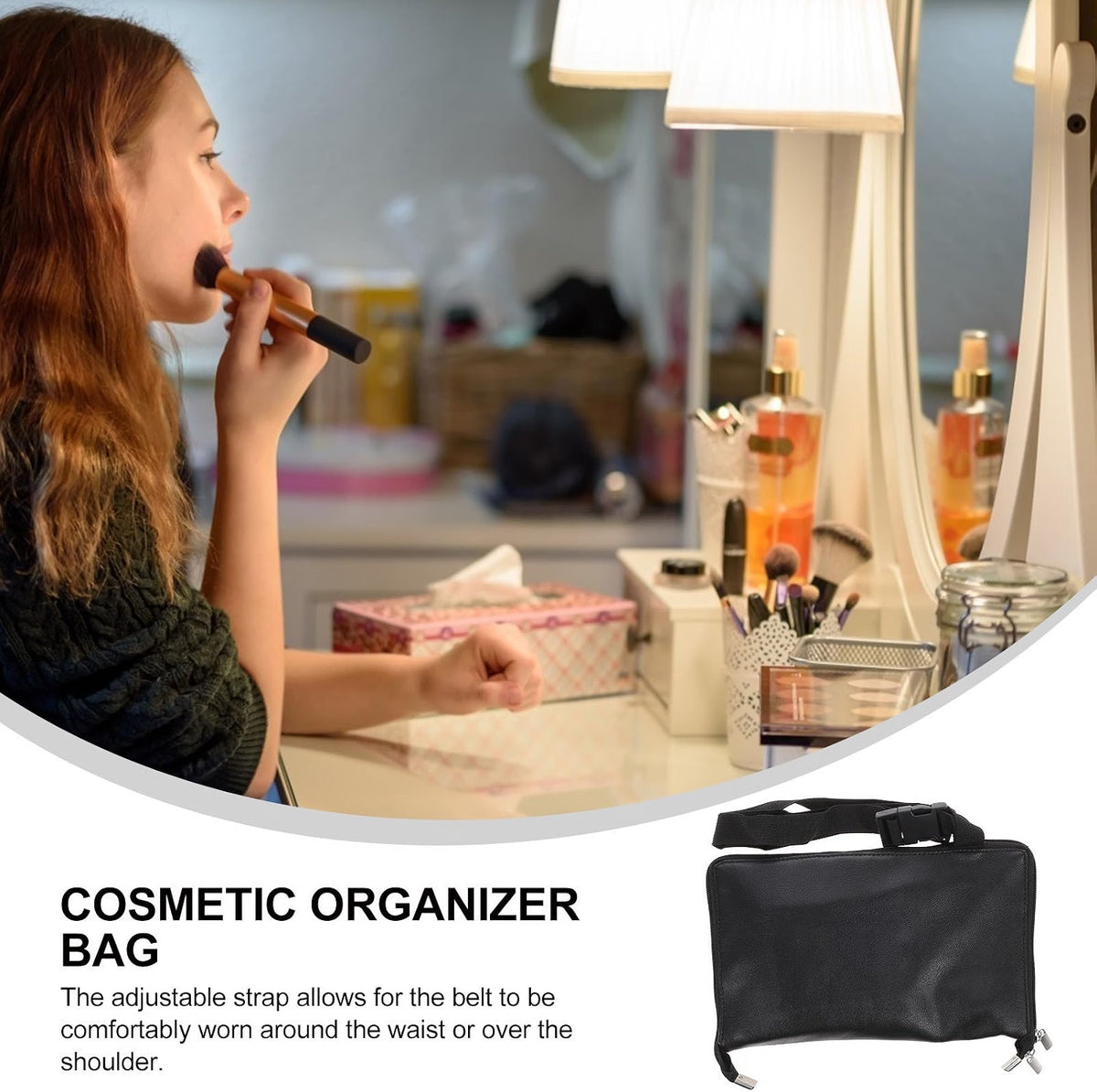 Large Cosmetic Makeup Brush Bag, PU Leather Waist Organizer with Belt Strap Compact Black Design, Lightweight Carry, Adjustable Strap, Zipper Closure, Portable Travel Storage