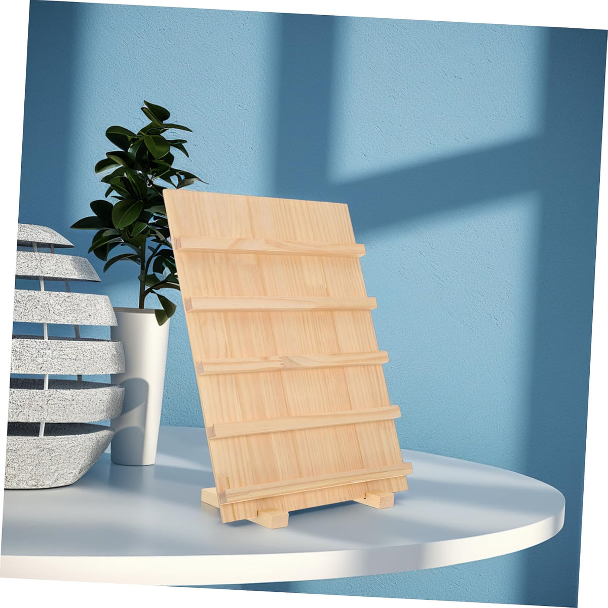 Five Layer Wooden Jewelry Display Stand with Base for Earrings Beige Wood Build, Tiered Layout for Retail and Exhibitions, Visibility, Space Saving Design