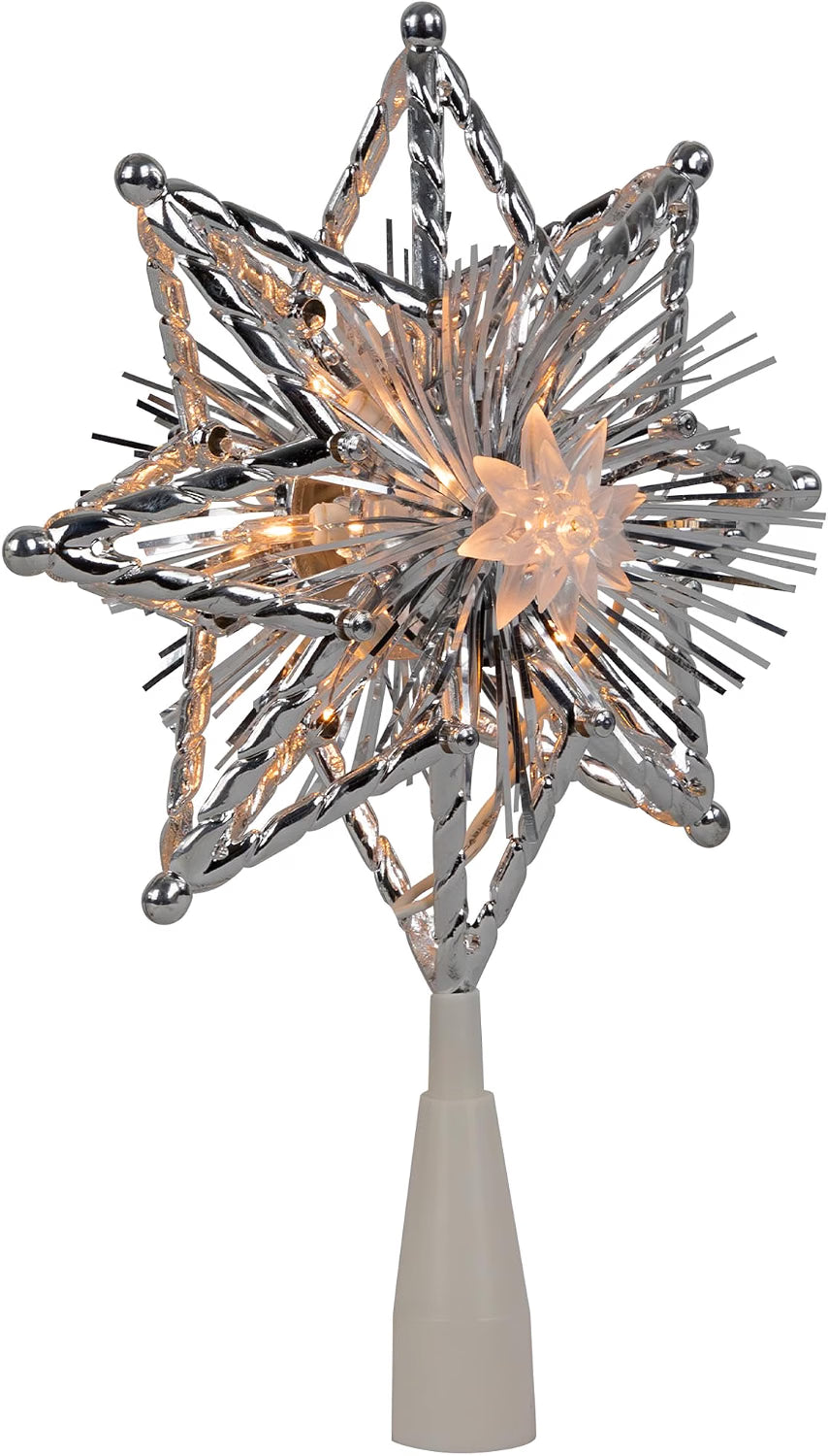 8" Lighted Silver Tinsel Star Christmas Tree Topper - Clear Lights, White Wire