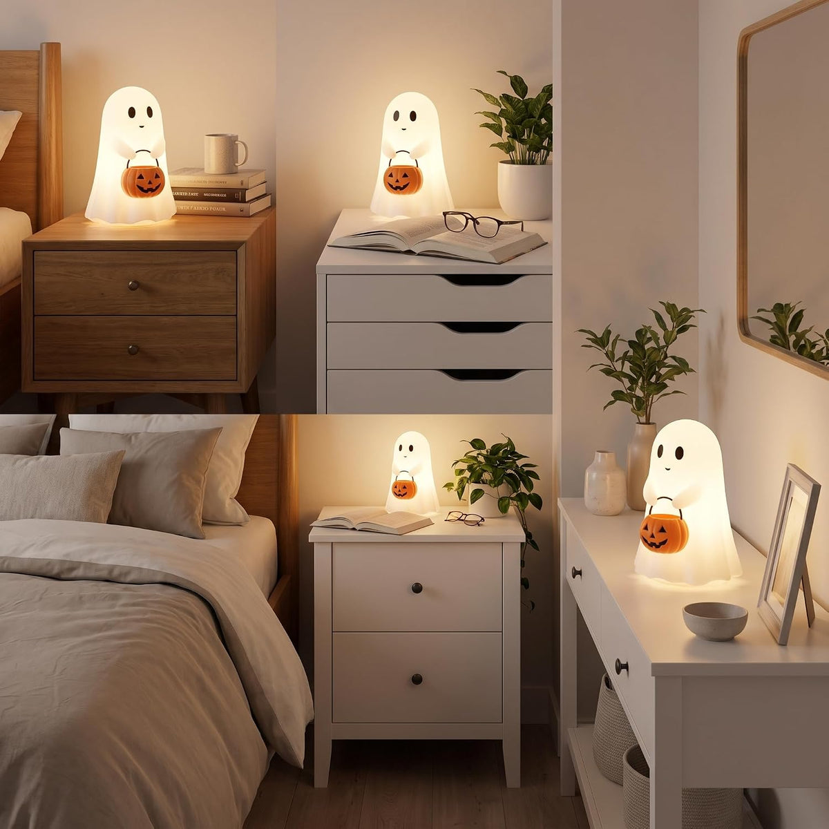Cute Ghost Night Light with Pumpkin 8in for Indoor Halloween Decor