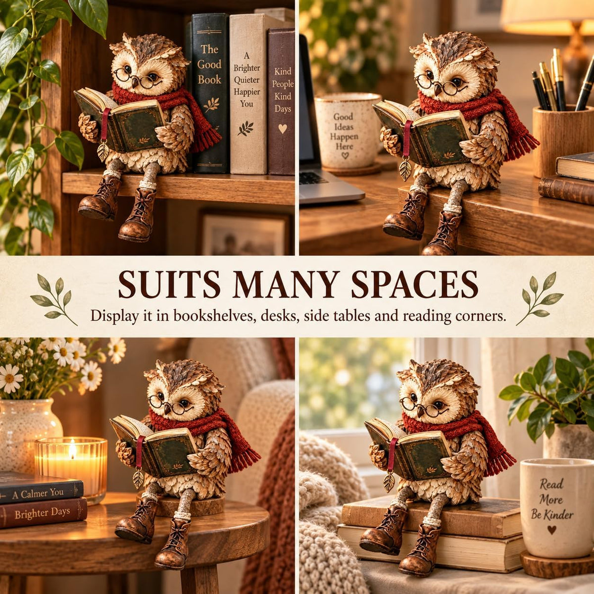 Reading Owl Figurine with Book, Owl Statue for Bookshelf Decor, 15x10x18 cm Reading owl figurine with book for bookshelf, desk, reading nook, shelf, and home decor; 15 x 10 x 18 cm, 240 g.