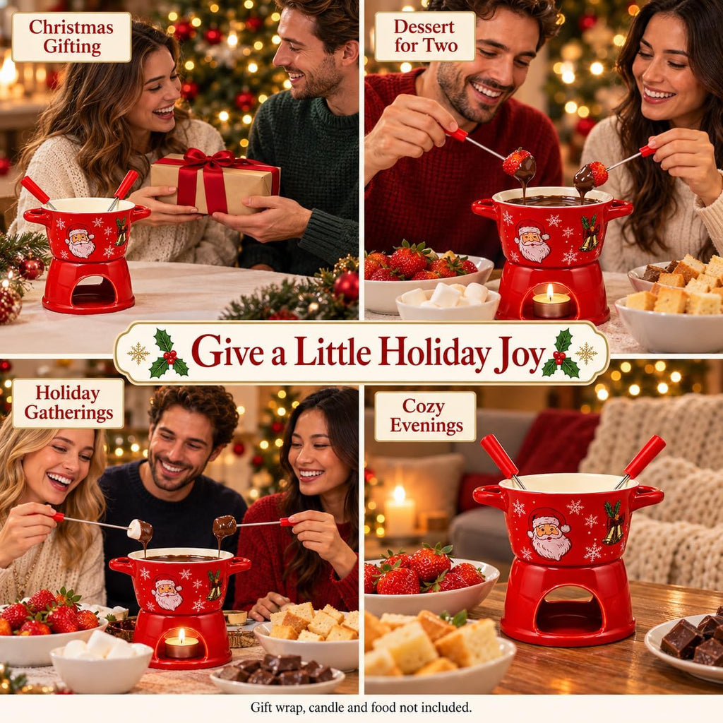 christmas chocolate fondue mug, 300ml Ceramic Set with 2 Dipping Forks Red ceramic bowl and candle base with 2 dipping forks; 300ml capacity. Candle and food are not included.