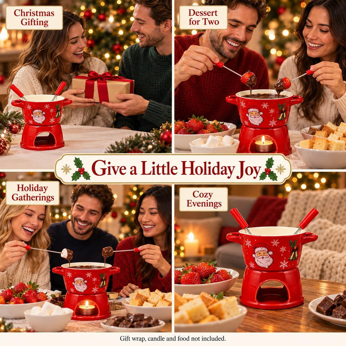 christmas chocolate fondue mug, 300ml Ceramic Set with 2 Dipping Forks Red ceramic bowl and candle base with 2 dipping forks; 300ml capacity. Candle and food are not included.