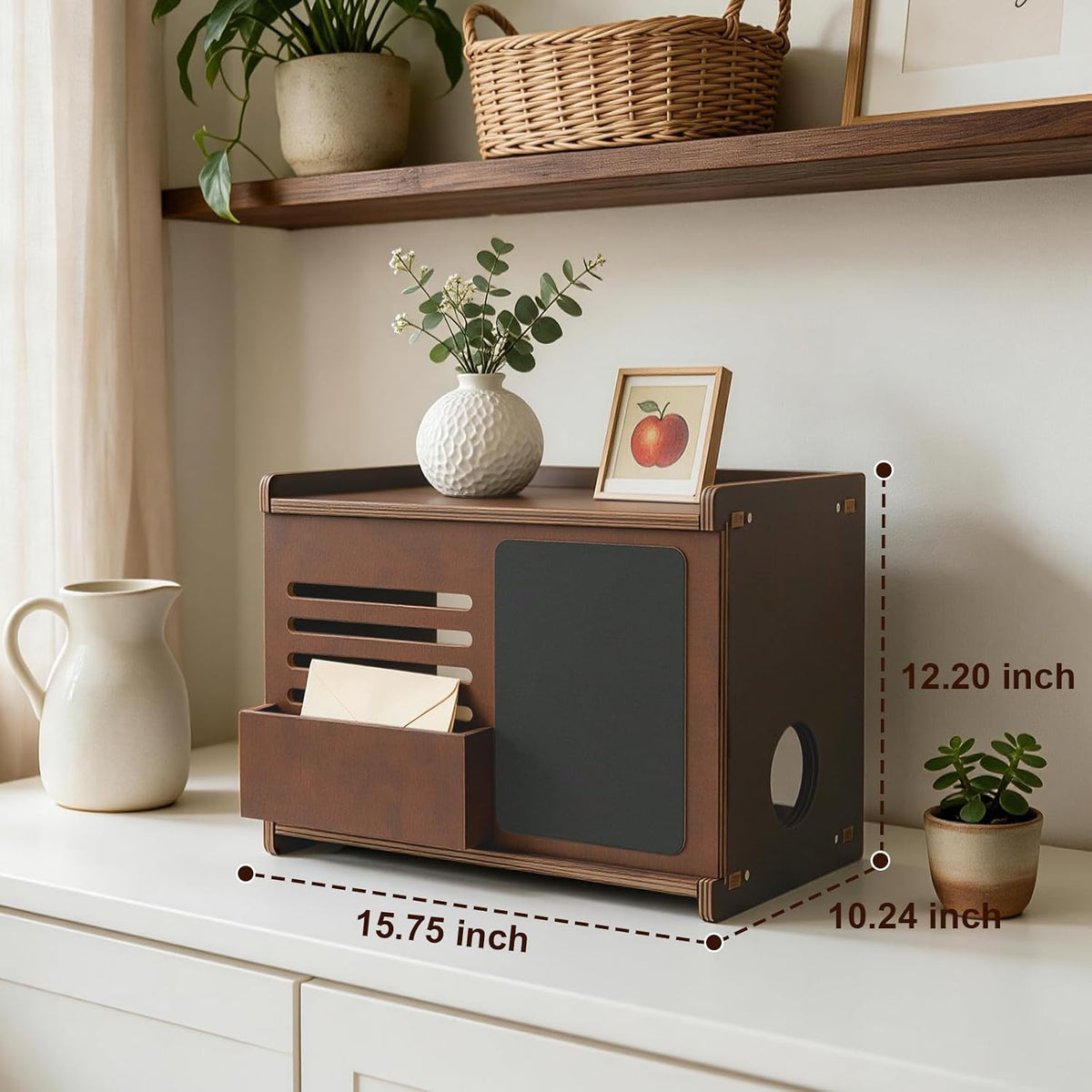 WiFi Router Box Hider with Front Storage & Chalkboard, Wooden Router Shelf