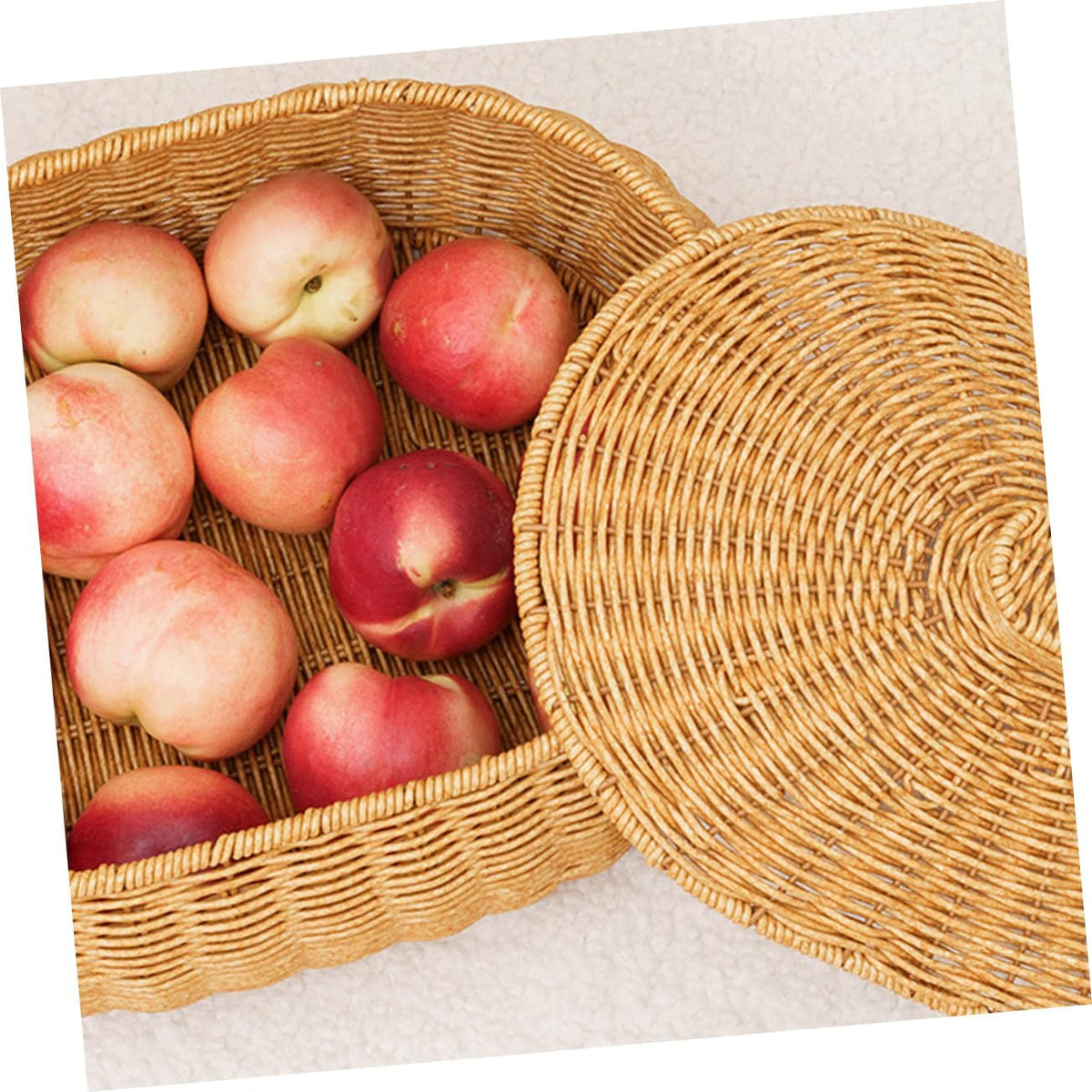 Rattan Woven Storage Basket Fruit Bin with Lid, Large Capacity Natural Decorative Design for Home Organization, Lightweight Strong Construction, for Snacks