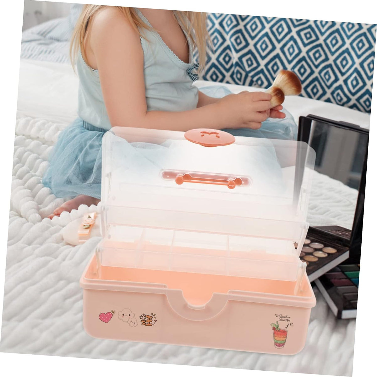 Pink Large Multi Layer PP Hair Accessories Organizer Box for Kids Desktop Storage, Layered Design, Bobby Pins and Necklaces, Family Use, Outdoor Carry, Small Items