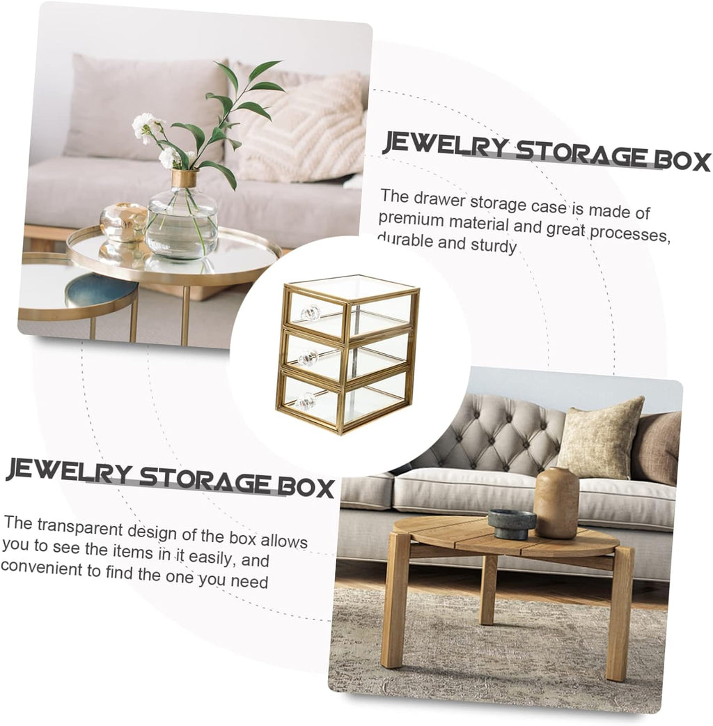 3-tier Jewelry Storage Box with Drawer Design, Golden Glass Alloy Closed Case, Tabletop Organization for Lip Gloss and Skin Care Bottles, Bathroom Counter or Office