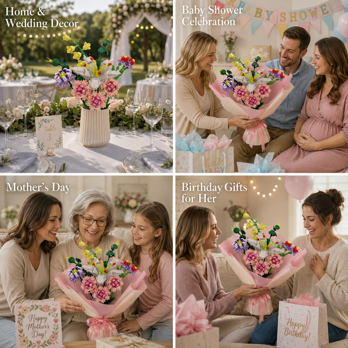 Pink Carnation Building Blocks, 514-Piece Flower Bouquet Set
