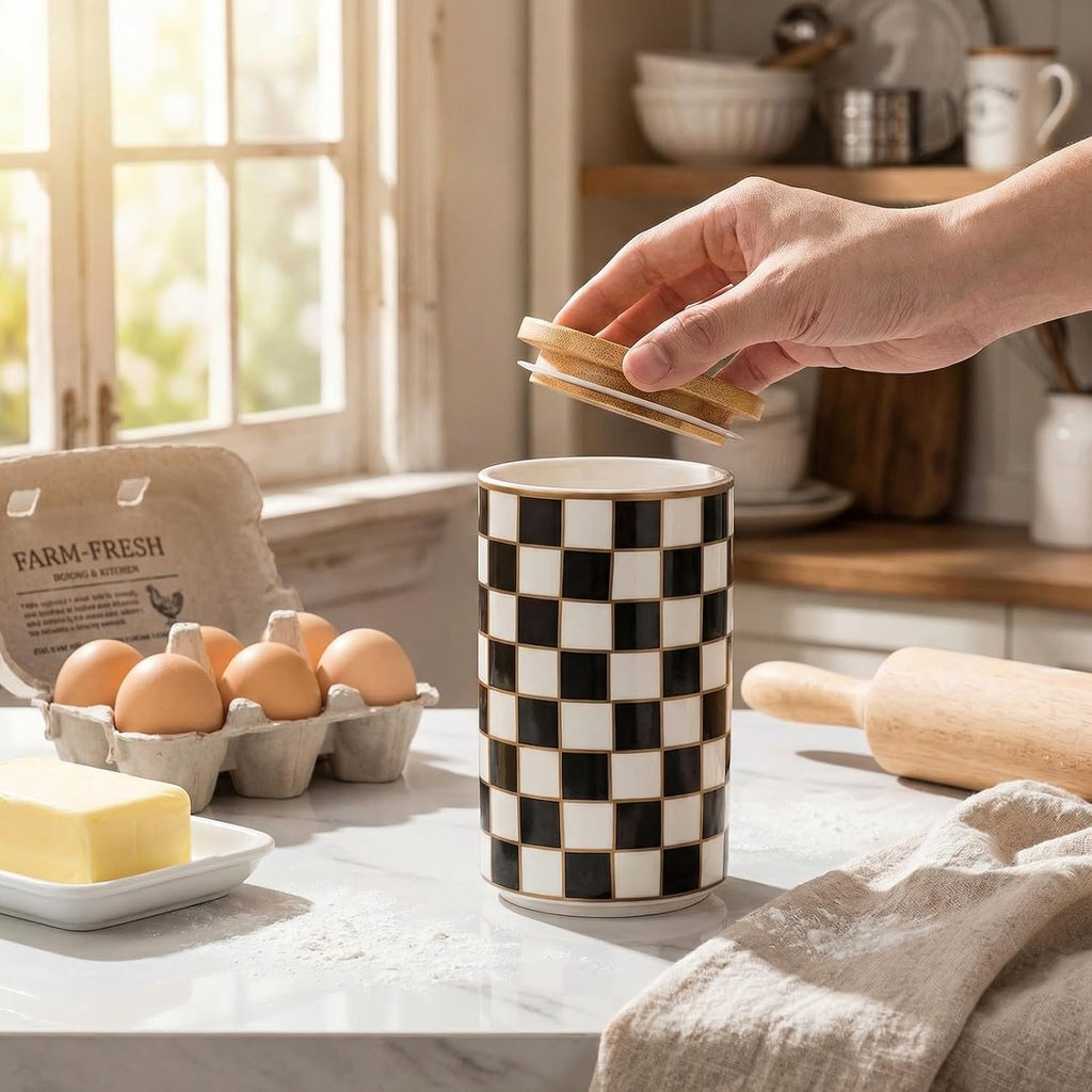 Ceramic Canister, Airtight Kitchen Canister for Coffee, Tea & More, Large Black Checkered