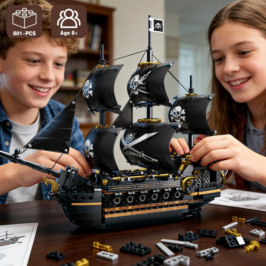 Pirate Ship Building Blocks, 3-Mast Classic Sailing Ship Model, 801 Pieces