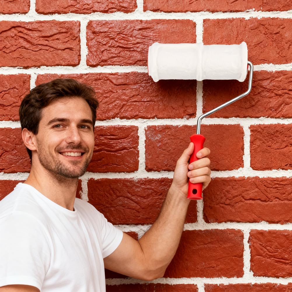 Brick Embossing Roller, Embossing Cylinder Painting Roller with Handle Rubber Imitation Brick Pattern, Household DIY Paint Art Tool for Wall/ Home Renovation/ Concrete Floor Decor