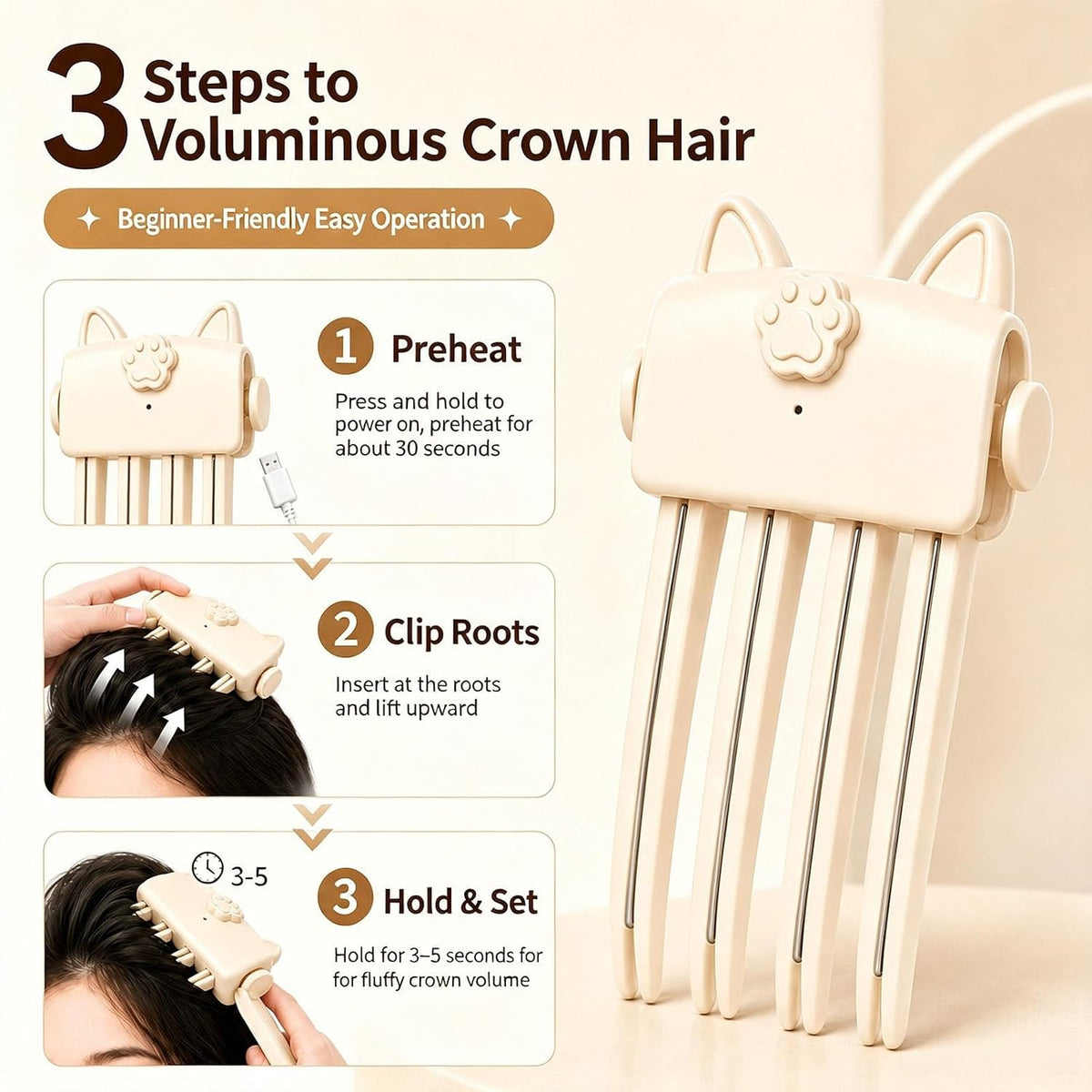 Root Lifter Hair Clip Heated Styling Tool For Hair Volume (Off White) Adds Lift At Hair Roots For Fuller Looking Styles, Ideal For Fine And Thick Hair