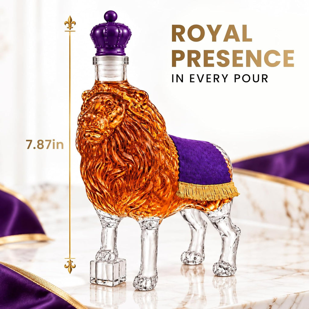 Lion Whiskey Decanter, 12 oz Royal Animal Glass Liquor Bottle with Crown