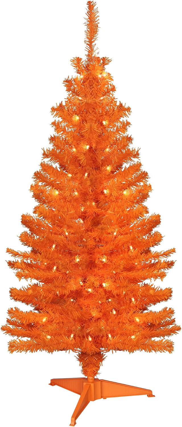 Pre-Lit Medium Artificial Pine Christmas Tree - 4' - Orange - Clear Lights