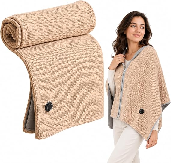 Heated Shawl, Wearable Heated Blanket with 8 Panels, 3 Heat Levels, USB 8 carbon-fiber heating panels in 4 center zones with 3 heat levels; requires a 5V/2A USB power source.