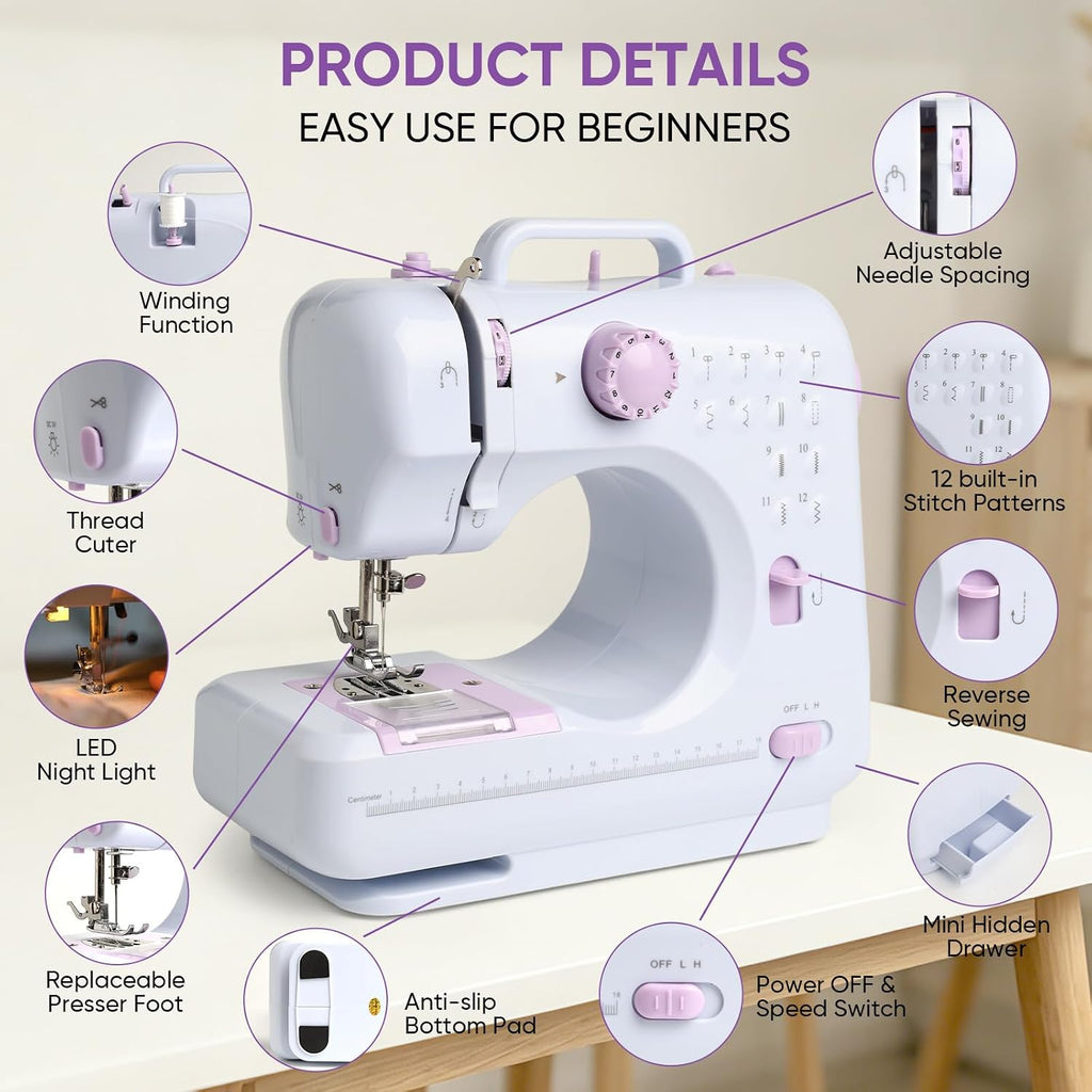 Portable Mini Sewing Machine for Beginners, 12 Stitches, 2-Speed, Foot Pedal, LED Light