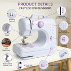 Portable Mini Sewing Machine for Beginners, 12 Stitches, 2-Speed, Foot Pedal, LED Light