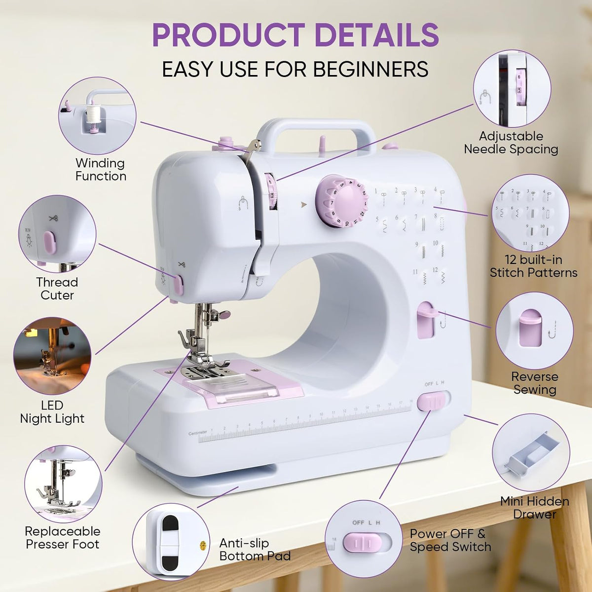 Portable Mini Sewing Machine for Beginners, 12 Stitches, 2-Speed, Foot Pedal, LED Light