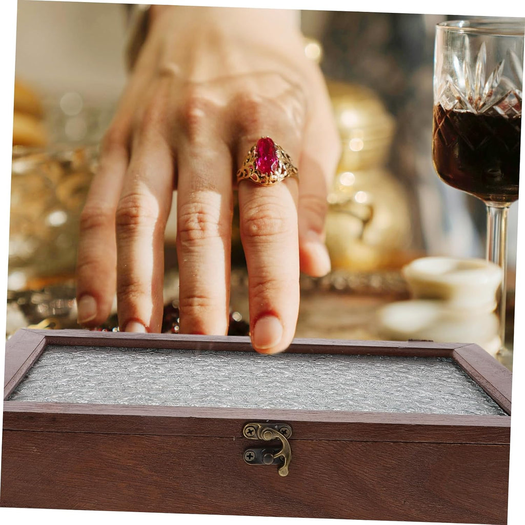Wooden Jewelry Storage Box for Rings and Keys with Lid Coffee Tone, Antique Retro Style, Glass Top, Delicate Keepsake Organizer for Anniversary and New Year