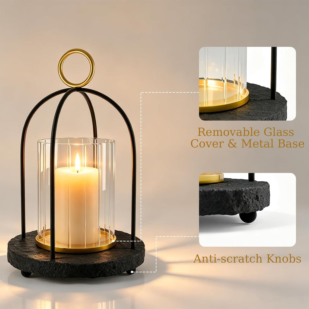 Hurricane Glass Candle Holder with Resin Base, Pillar Candle Lantern Black