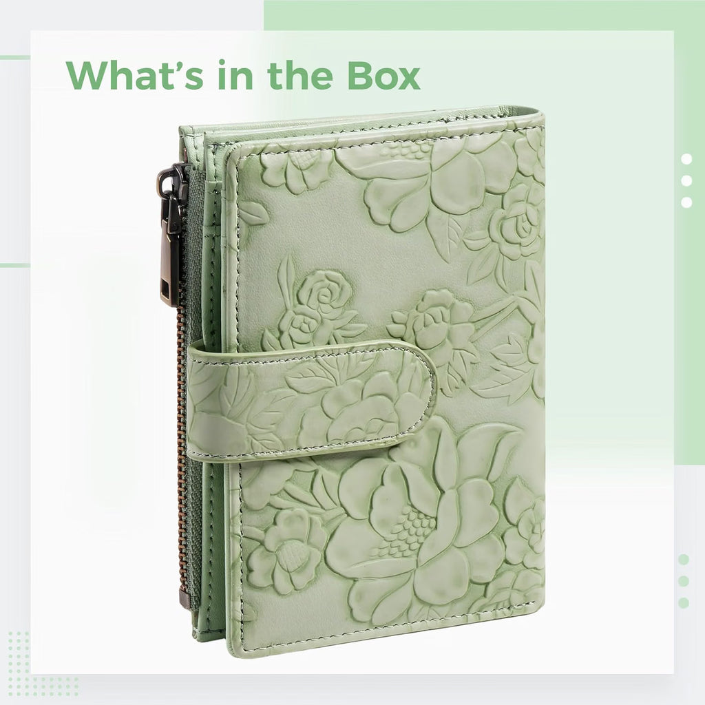 Light Green PU Leather Trifold Wallet for Women, RFID Blocking Purse with Card Slots & Coin Pocket