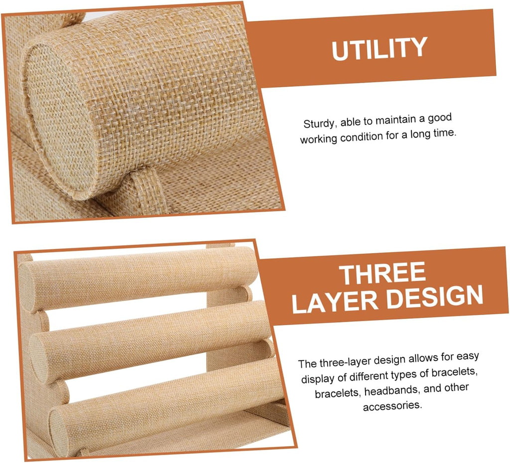 Bracelet Display Stand Multi Tier Tabletop Holder for Displays PVC Linen Wood Build, Beige Finish, Secure Platform for Collections, Versatile Use on Cases