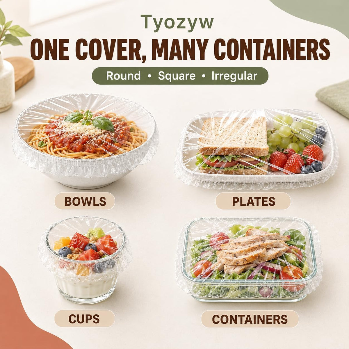 Disposable Elastic Food Covers, Clear PE (100 Pcs) Clear PE covers stretch approximately 15–15.7 in for bowls, plates and containers at home, parties, picnics or travel