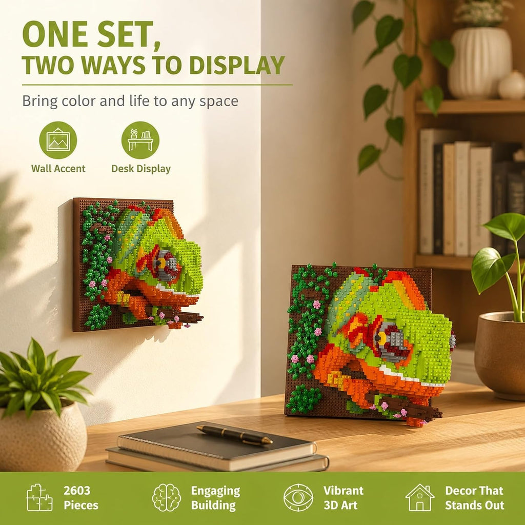 3D Chameleon Sculpture Kit, Colorful Micro Building Bricks Wall Art Decor