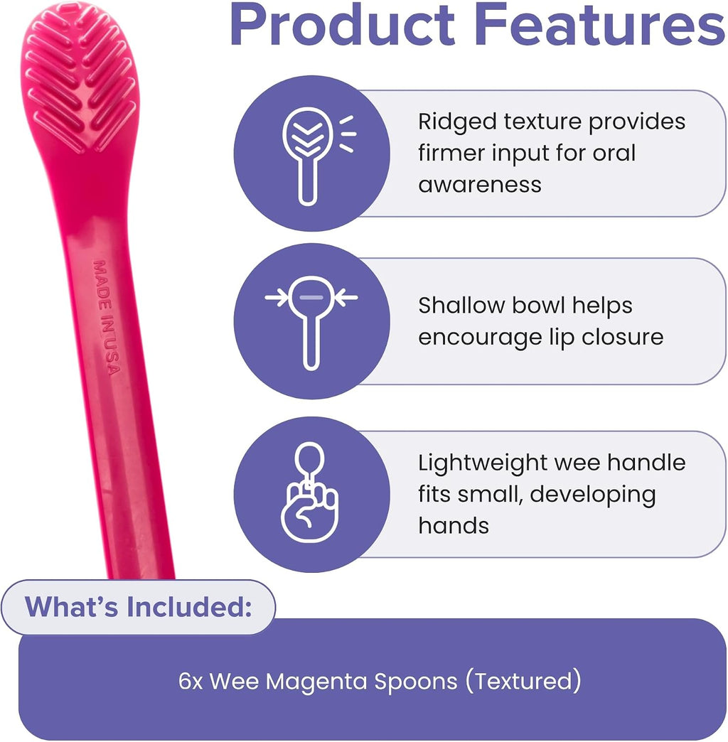 Wee Textured Spoons - Self-Feeding Oral Motor Therapy for Lip Closure & Oral Awareness, Kids, Toddlers & Adults, Sensory Feeding Aid | Magenta, 6-Pack