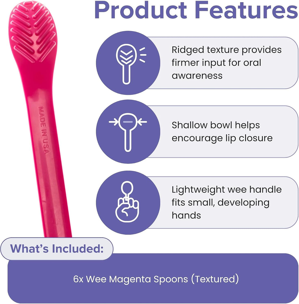 Wee Textured Spoons - Self-Feeding Oral Motor Therapy for Lip Closure & Oral Awareness, Kids, Toddlers & Adults, Sensory Feeding Aid | Magenta, 6-Pack