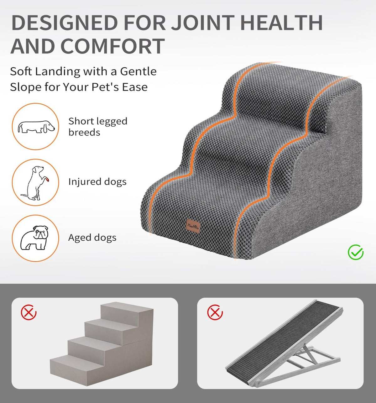 Made4Pets Dog Stairs Ramp, 15.7" 3-Step Foam Pet Steps, Grey