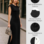 Women's Maxi Dress – Casual Round Neck Sleeveless Long Beach Dress with Side Split & Pockets, Cap Shoulder Accent, Soft Stretch Longline Sundress for Everyday Wear (Black, S)