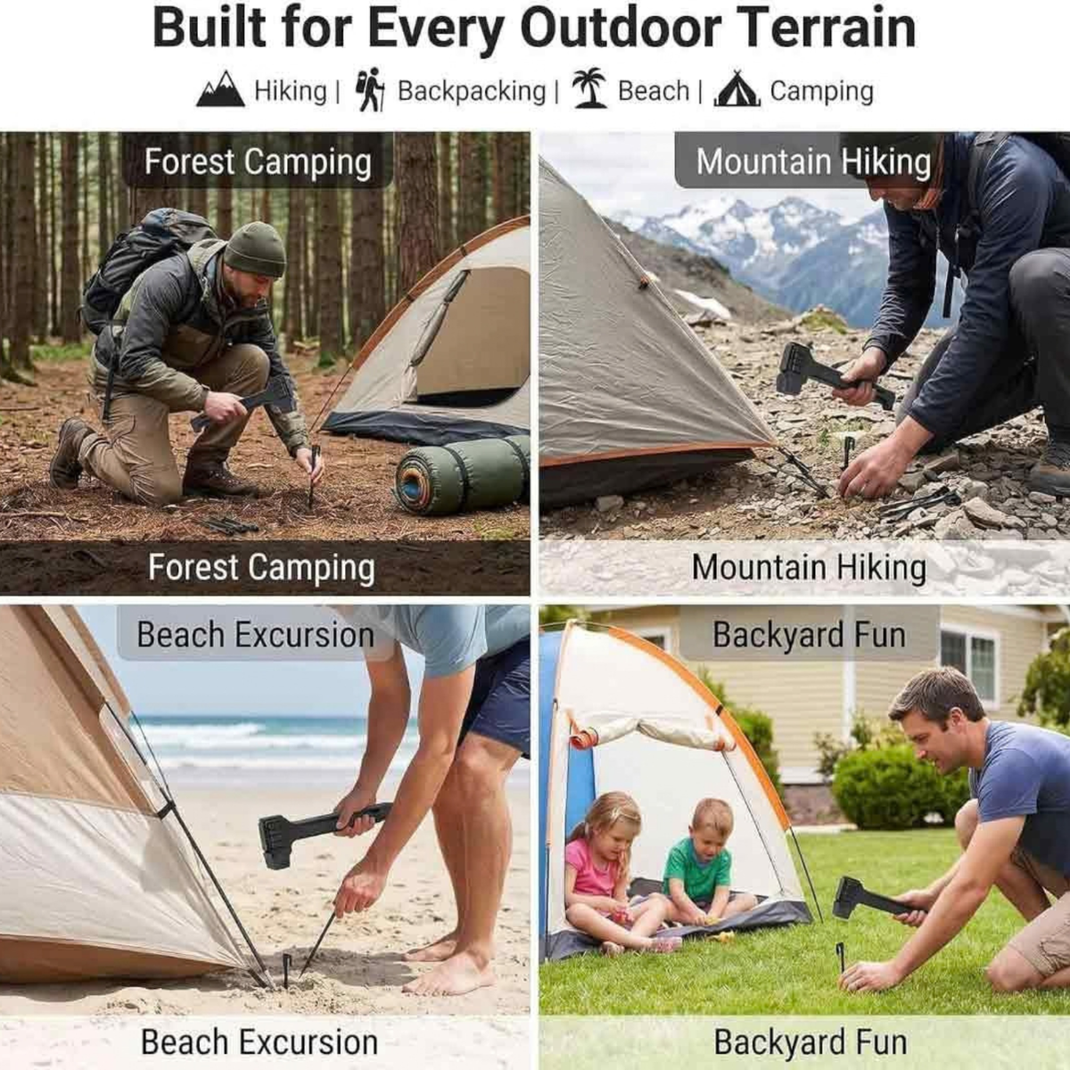 Tent Stake Hammer with 8 Steel Stakes, Peg Puller, Bottle Opener, Storage Handle