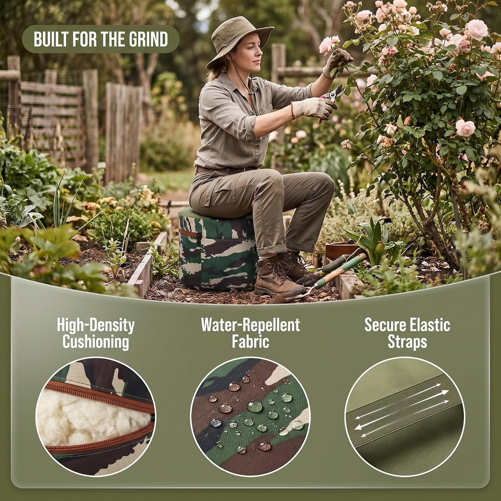 Wearable Gardening Stool, 15.7 Inch Foam Padded Seat with Carrying Straps